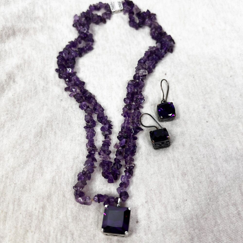 Vintage Amethyst Chipped Stone Necklace and Earrings | 925 Silver